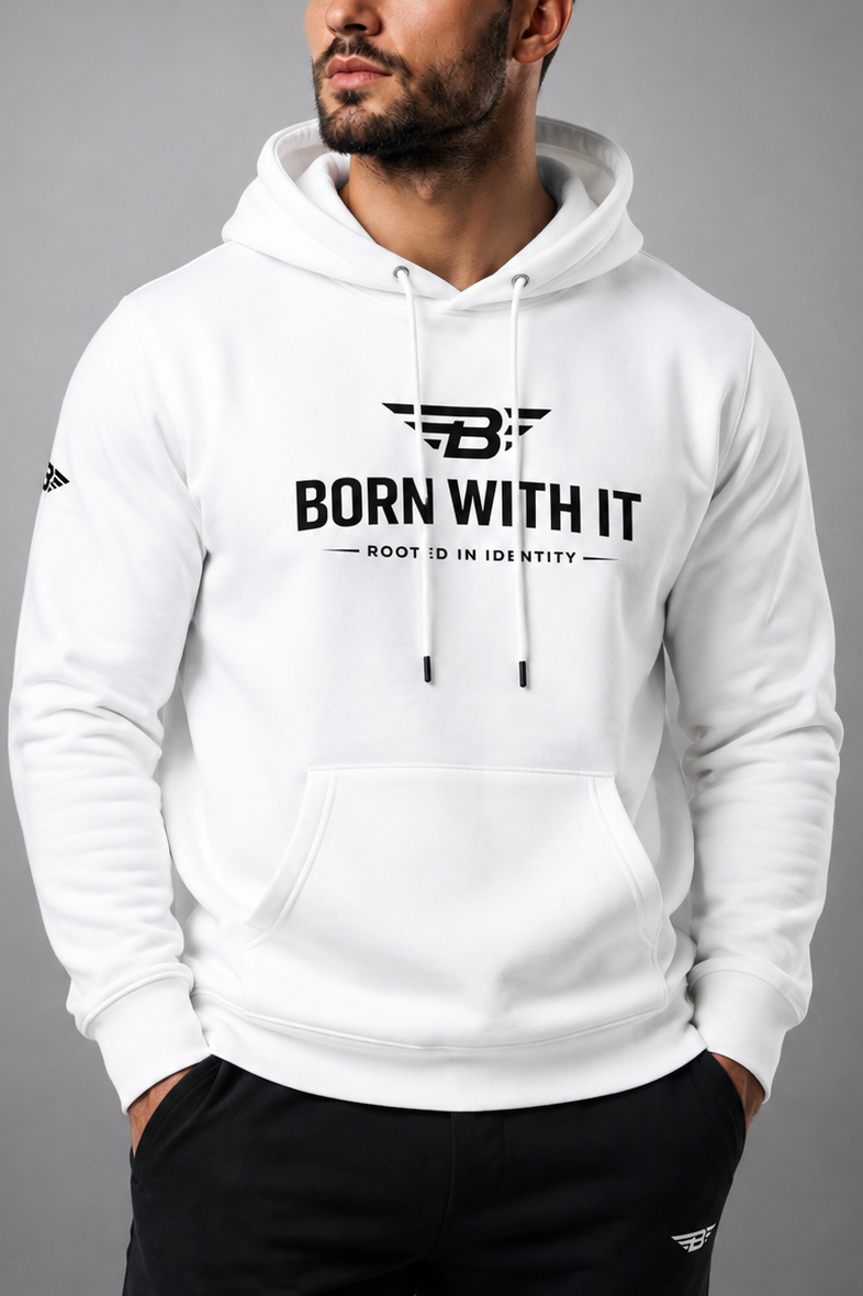 WHITE FLEECE HOODIE | BORN WITH IT DESIGN