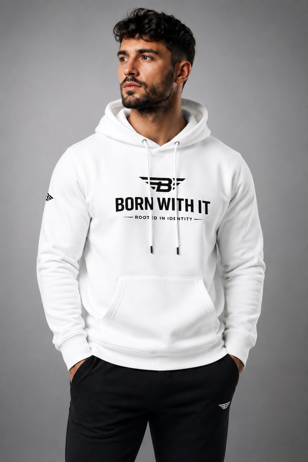 WHITE FLEECE HOODIE | BORN WITH IT DESIGN